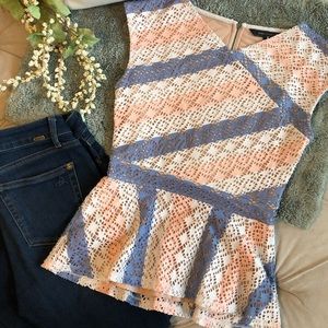 BCBGMAXAZRIA Cream, Periwinkle & Peach Peplum top